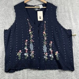 Capacity Sweater Vest Women 5X Blue Floral Hand Embroidered Button Up Grannycore